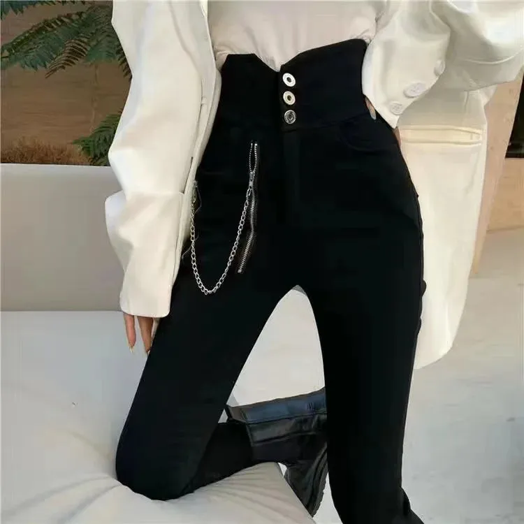 2022 Autumn Spring New Black leggings Casual Elastic High Waist stretch feet pants women's Metal Buttons was thin Pencil Pants