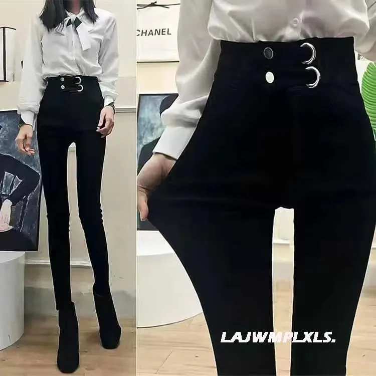 2022 Autumn Spring New Black leggings Casual Elastic High Waist stretch feet pants women's Metal Buttons was thin Pencil Pants
