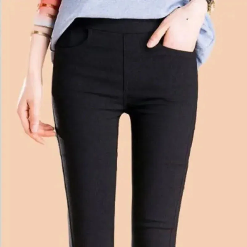 2022 Autumn Spring New Black leggings Casual Elastic High Waist stretch feet pants women's Metal Buttons was thin Pencil Pants