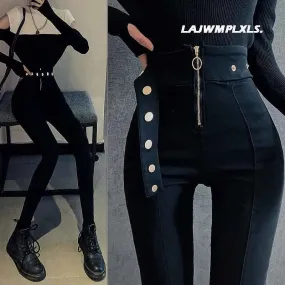 2022 Autumn Spring New Black leggings Casual Elastic High Waist stretch feet pants women's Metal Buttons was thin Pencil Pants