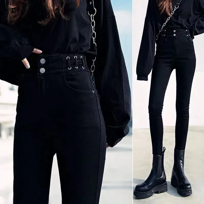 2022 Autumn Spring New Black leggings Casual Elastic High Waist stretch feet pants women's Metal Buttons was thin Pencil Pants
