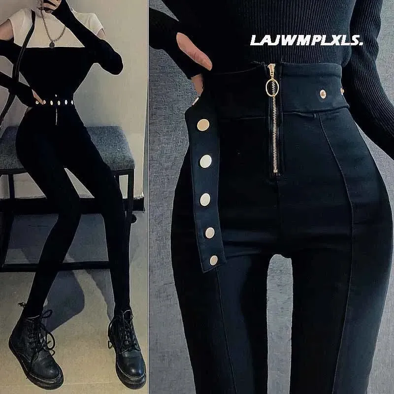 2022 Autumn Spring New Black leggings Casual Elastic High Waist stretch feet pants women's Metal Buttons was thin Pencil Pants