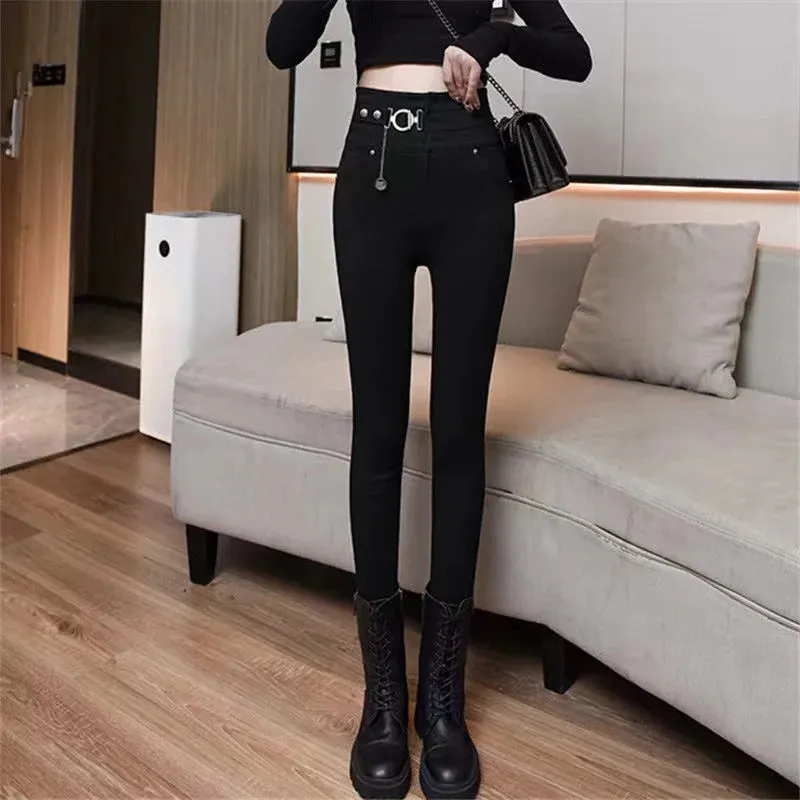 2022 Autumn Spring New Black leggings Casual Elastic High Waist stretch feet pants women's Metal Buttons was thin Pencil Pants