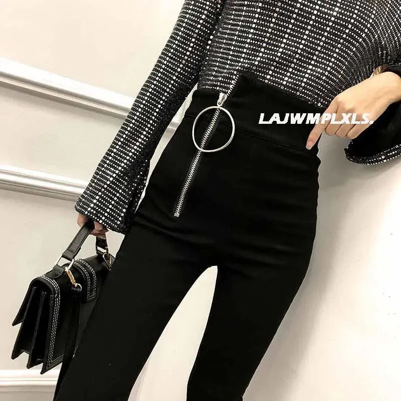 2022 Autumn Spring New Black leggings Casual Elastic High Waist stretch feet pants women's Metal Buttons was thin Pencil Pants