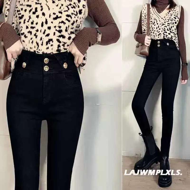2022 Autumn Spring New Black leggings Casual Elastic High Waist stretch feet pants women's Metal Buttons was thin Pencil Pants