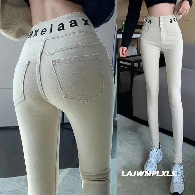 2022 Autumn Spring New Black leggings Casual Elastic High Waist stretch feet pants women's Metal Buttons was thin Pencil Pants