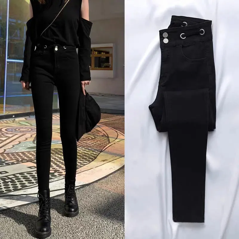 2022 Autumn Spring New Black leggings Casual Elastic High Waist stretch feet pants women's Metal Buttons was thin Pencil Pants