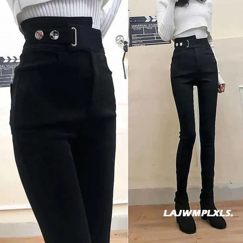2022 Autumn Spring New Black leggings Casual Elastic High Waist stretch feet pants women's Metal Buttons was thin Pencil Pants