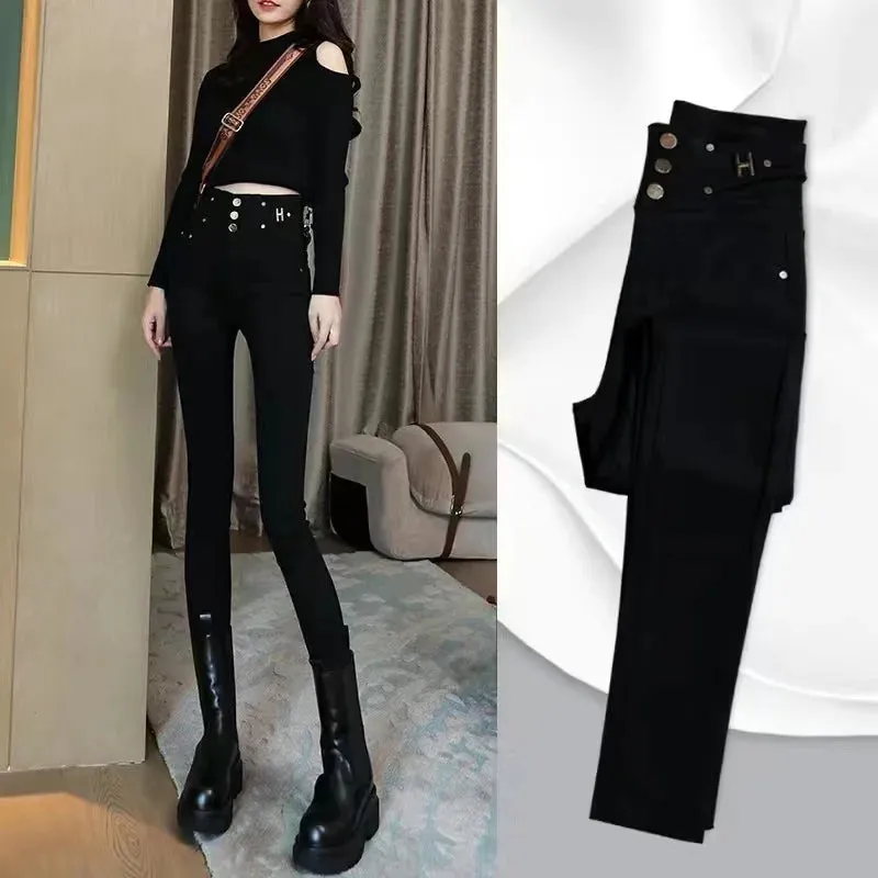 2022 Autumn Spring New Black leggings Casual Elastic High Waist stretch feet pants women's Metal Buttons was thin Pencil Pants