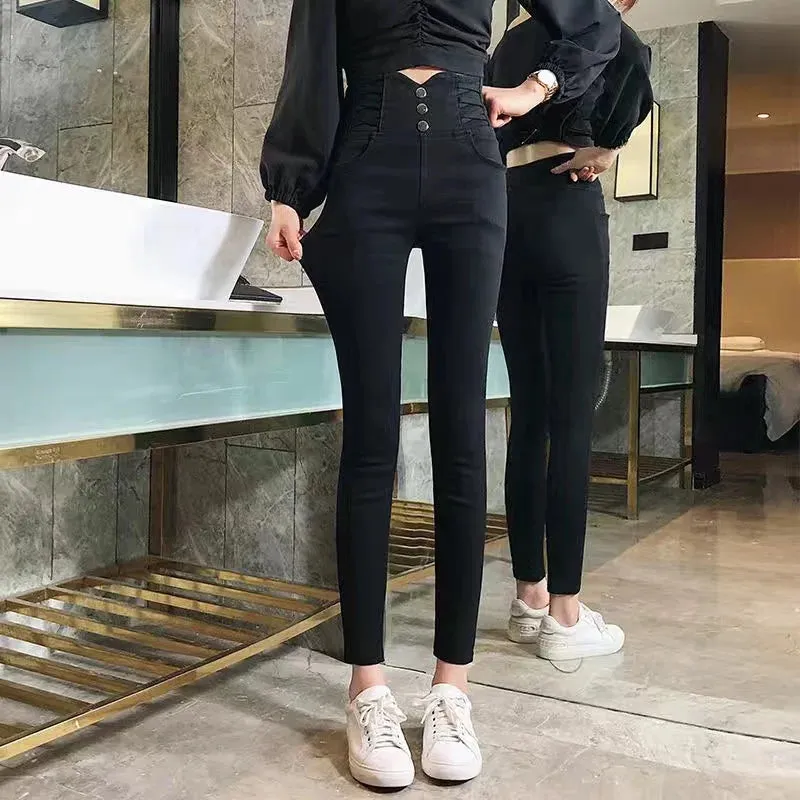 2022 Autumn Spring New Black leggings Casual Elastic High Waist stretch feet pants women's Metal Buttons was thin Pencil Pants