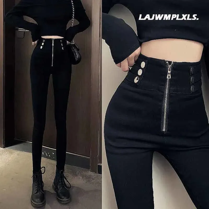 2022 Autumn Spring New Black leggings Casual Elastic High Waist stretch feet pants women's Metal Buttons was thin Pencil Pants