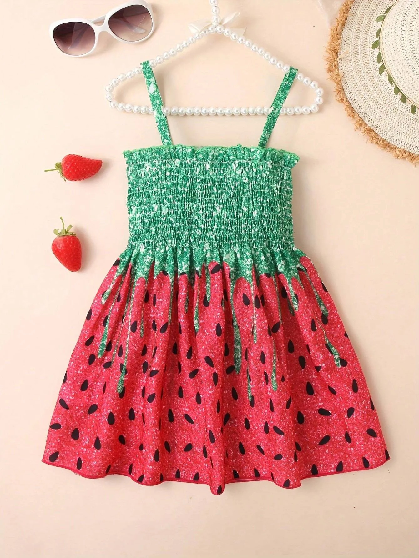 2pcs Girls' Watermelon Print Strappy Sundress, Summer