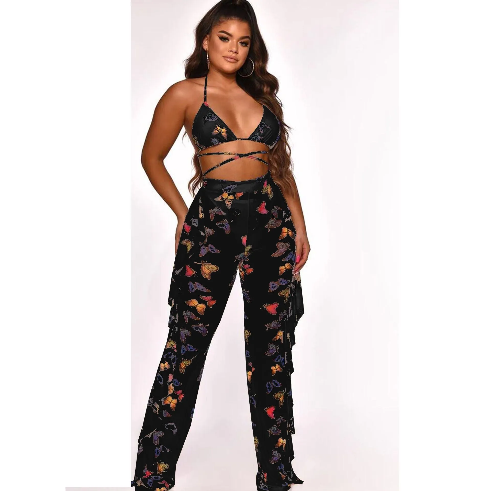 2pcs Sheer Women Long Pant Bathing Suits Summer Night Club Bikini Halter Sexy Swimsuits for Women