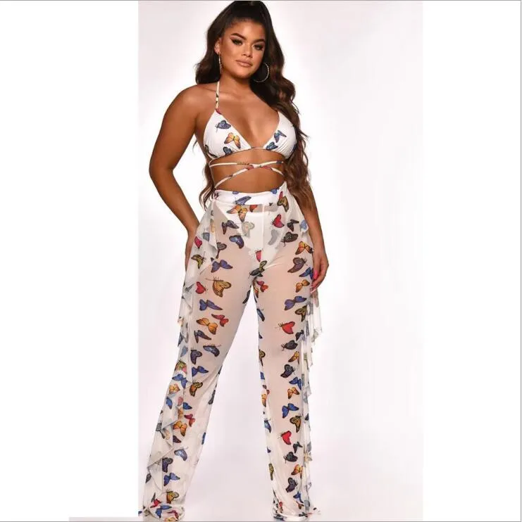 2pcs Sheer Women Long Pant Bathing Suits Summer Night Club Bikini Halter Sexy Swimsuits for Women