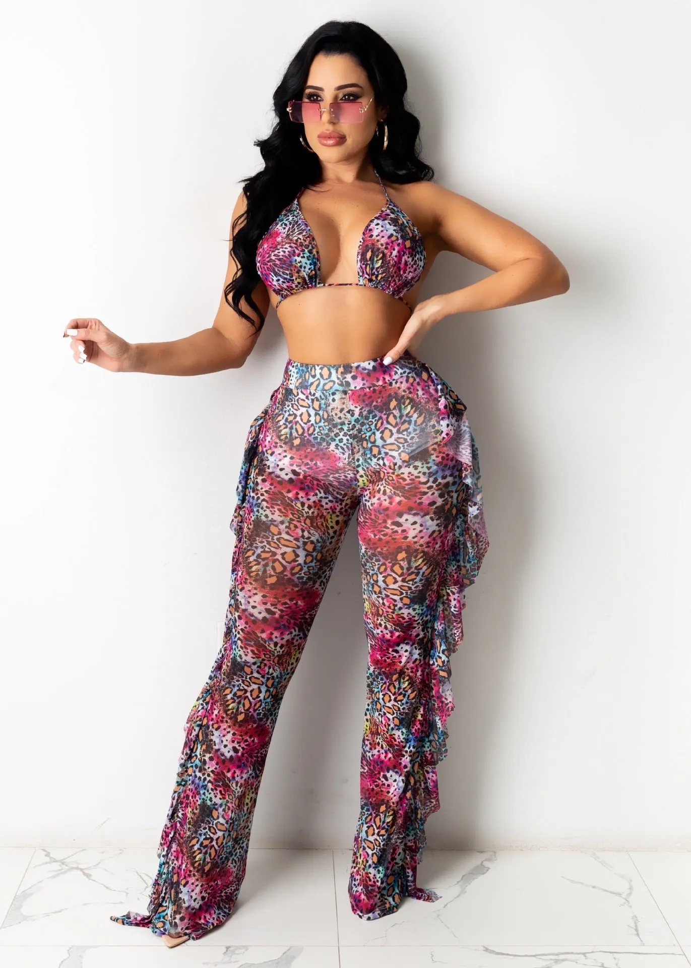 2pcs Sheer Women Long Pant Bathing Suits Summer Night Club Bikini Halter Sexy Swimsuits for Women