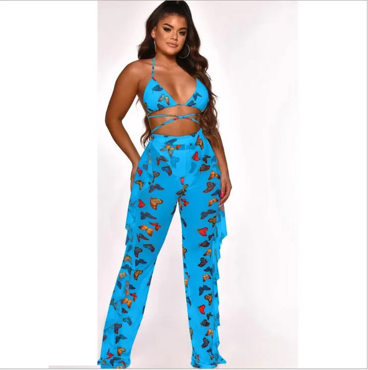 2pcs Sheer Women Long Pant Bathing Suits Summer Night Club Bikini Halter Sexy Swimsuits for Women