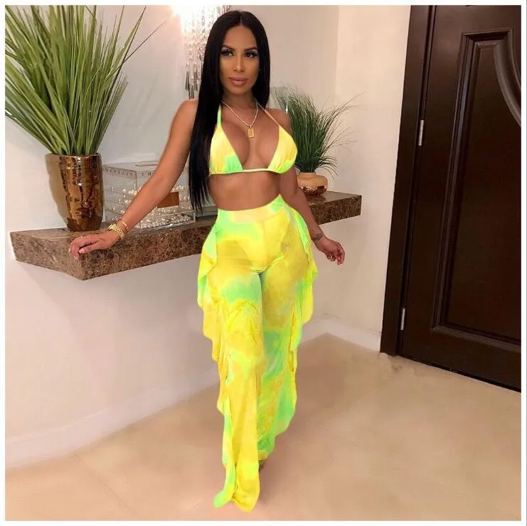 2pcs Sheer Women Long Pant Bathing Suits Summer Night Club Bikini Halter Sexy Swimsuits for Women