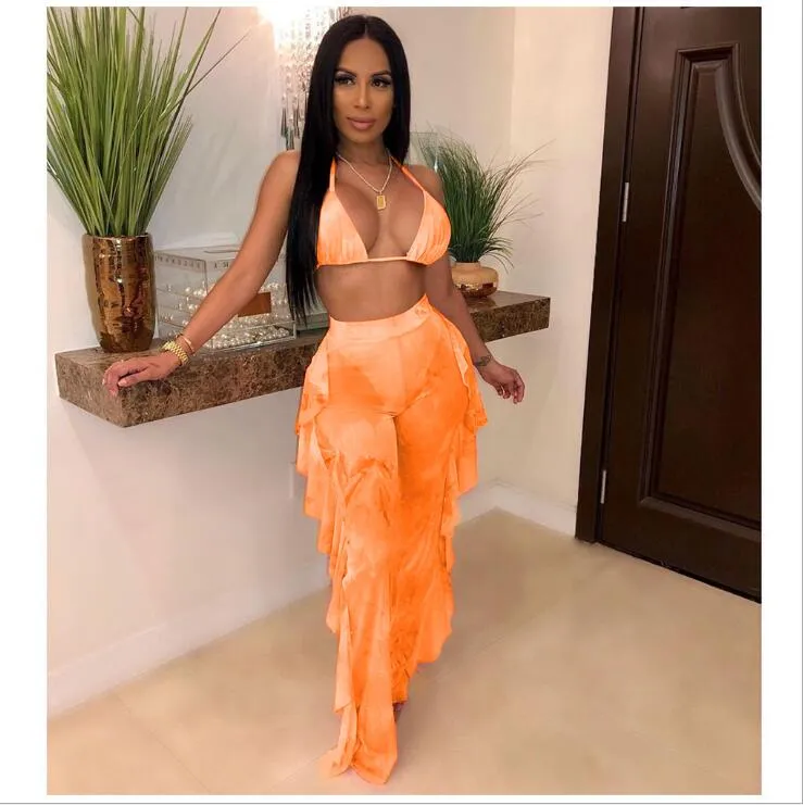 2pcs Sheer Women Long Pant Bathing Suits Summer Night Club Bikini Halter Sexy Swimsuits for Women