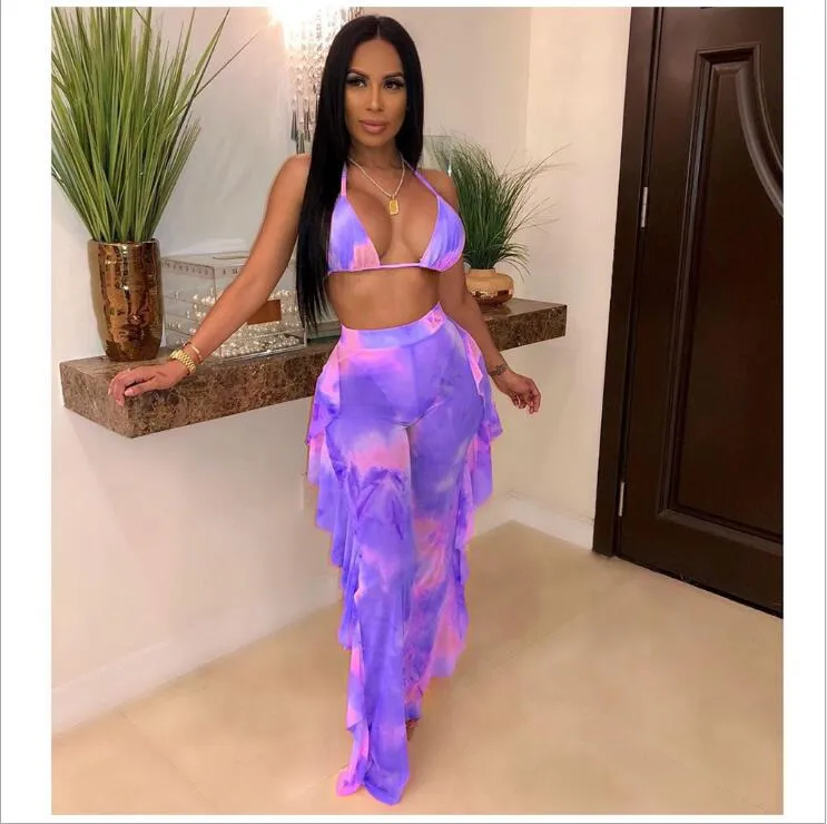 2pcs Sheer Women Long Pant Bathing Suits Summer Night Club Bikini Halter Sexy Swimsuits for Women
