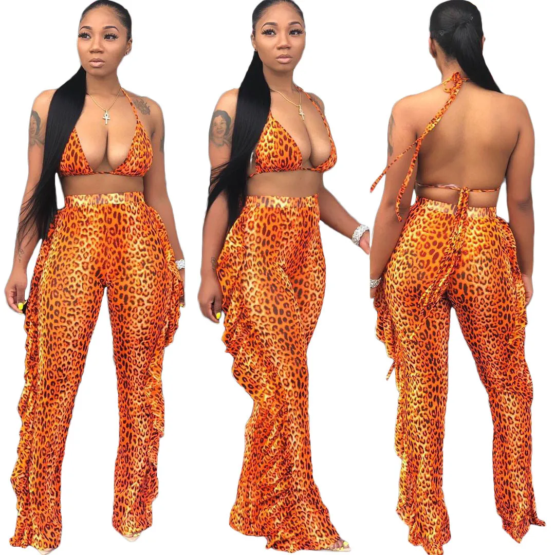 2pcs Sheer Women Long Pant Bathing Suits Summer Night Club Bikini Halter Sexy Swimsuits for Women