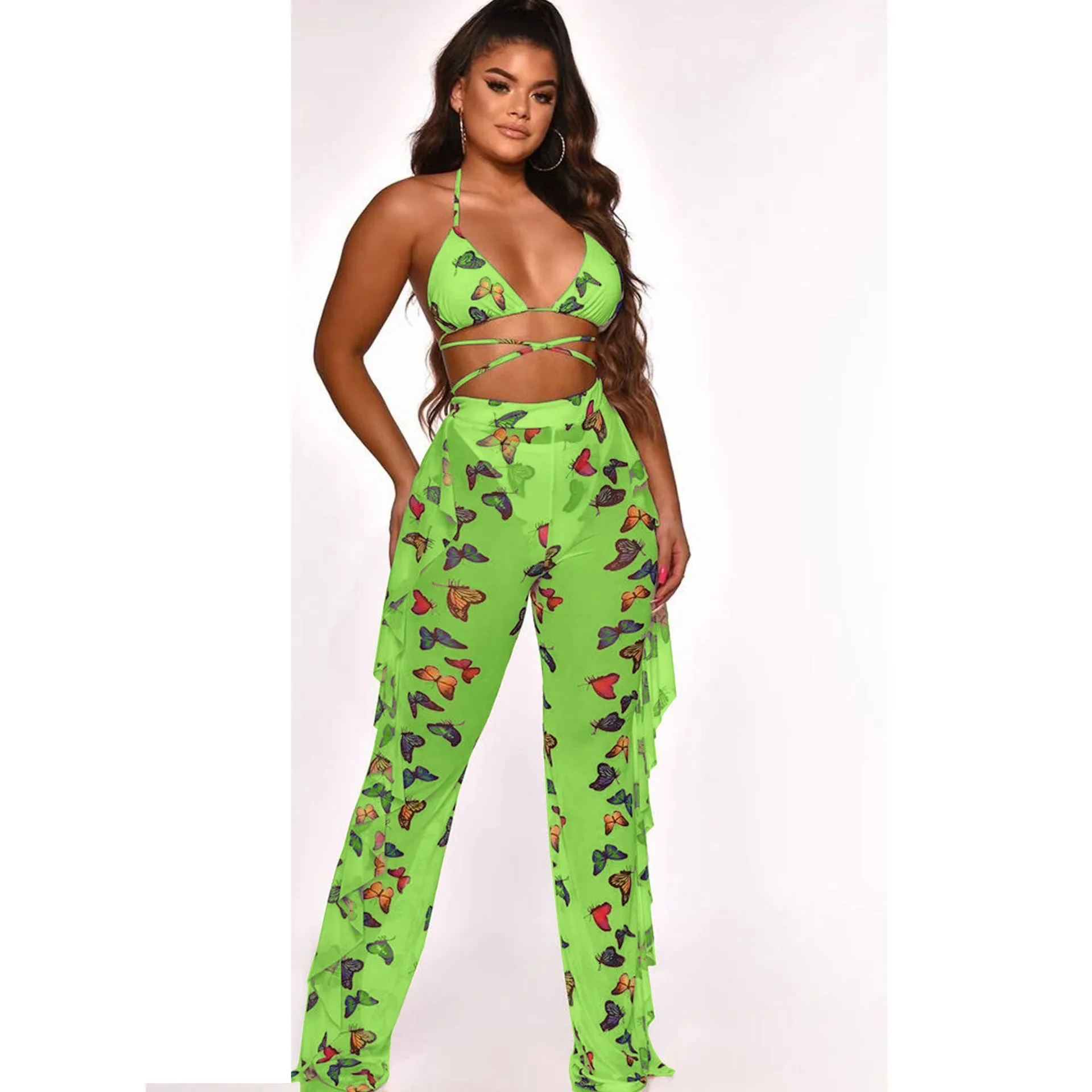 2pcs Sheer Women Long Pant Bathing Suits Summer Night Club Bikini Halter Sexy Swimsuits for Women