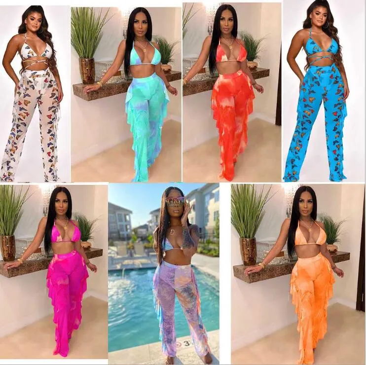 2pcs Sheer Women Long Pant Bathing Suits Summer Night Club Bikini Halter Sexy Swimsuits for Women