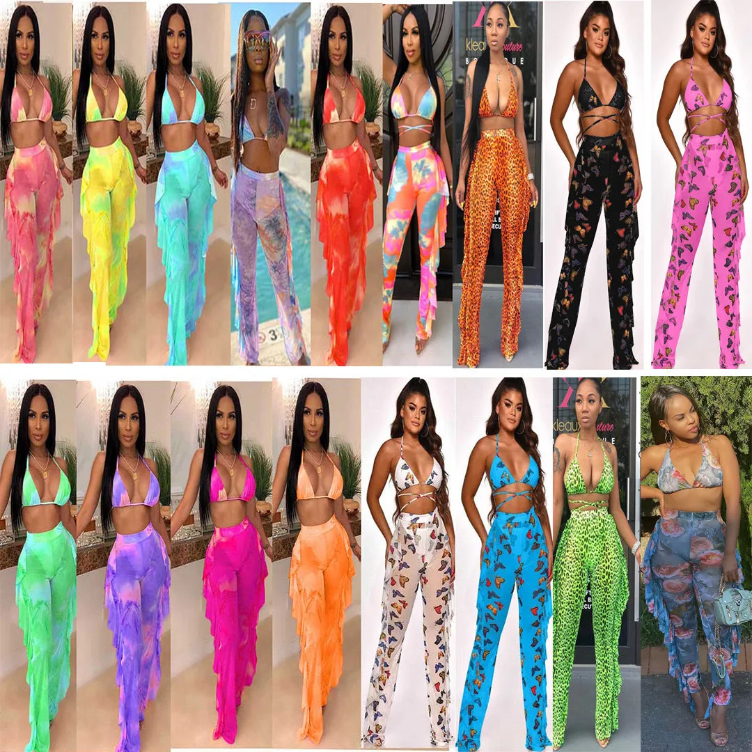 2pcs Sheer Women Long Pant Bathing Suits Summer Night Club Bikini Halter Sexy Swimsuits for Women