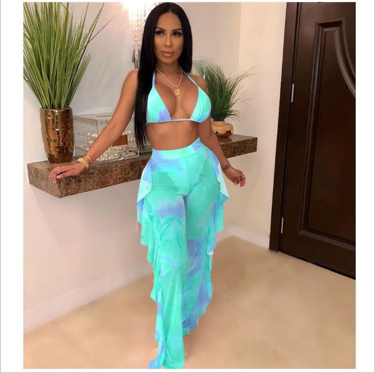 2pcs Sheer Women Long Pant Bathing Suits Summer Night Club Bikini Halter Sexy Swimsuits for Women