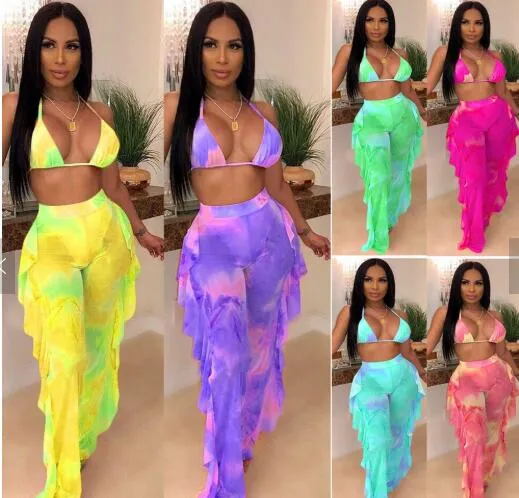 2pcs Sheer Women Long Pant Bathing Suits Summer Night Club Bikini Halter Sexy Swimsuits for Women