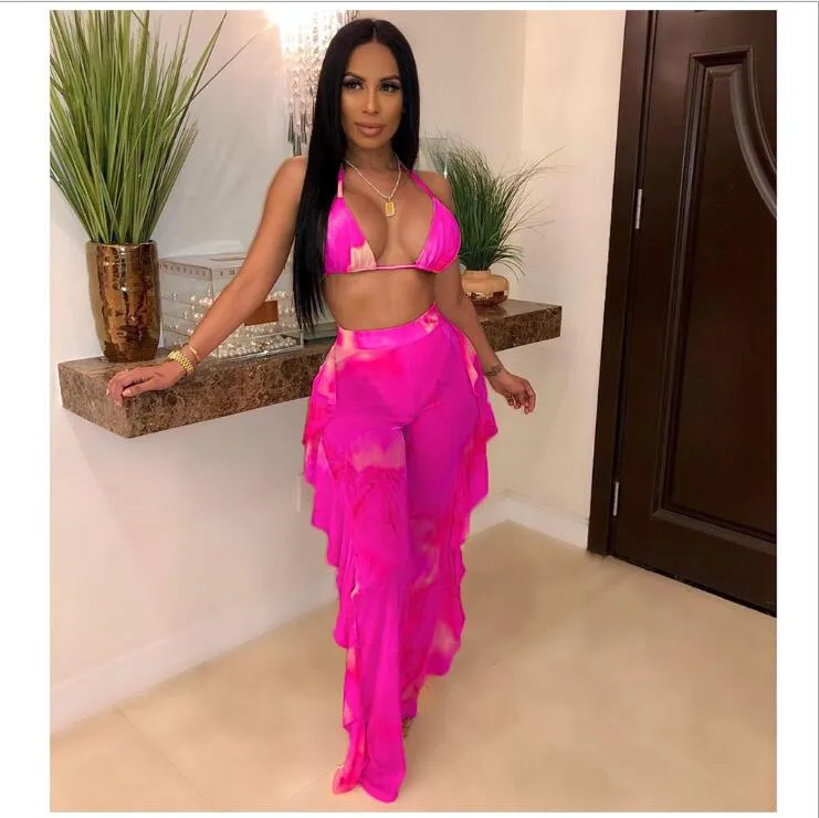 2pcs Sheer Women Long Pant Bathing Suits Summer Night Club Bikini Halter Sexy Swimsuits for Women