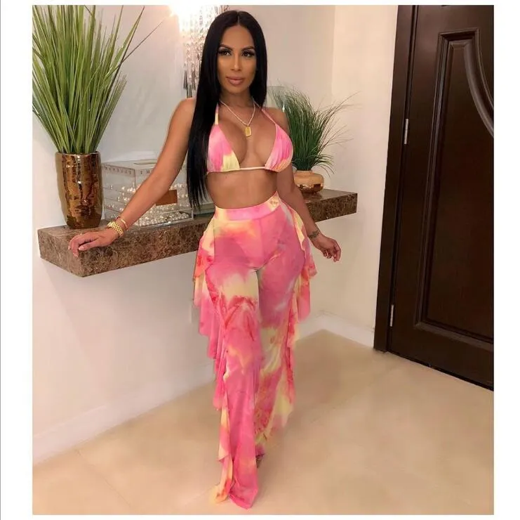 2pcs Sheer Women Long Pant Bathing Suits Summer Night Club Bikini Halter Sexy Swimsuits for Women