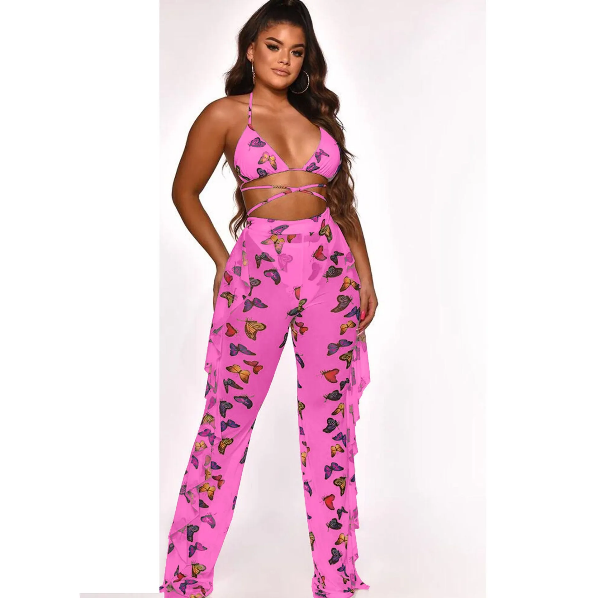2pcs Sheer Women Long Pant Bathing Suits Summer Night Club Bikini Halter Sexy Swimsuits for Women