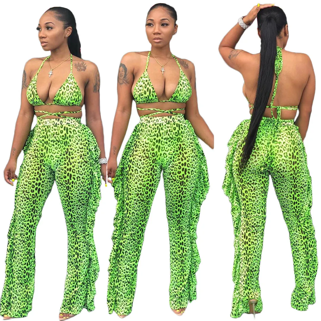 2pcs Sheer Women Long Pant Bathing Suits Summer Night Club Bikini Halter Sexy Swimsuits for Women