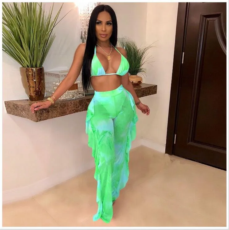 2pcs Sheer Women Long Pant Bathing Suits Summer Night Club Bikini Halter Sexy Swimsuits for Women