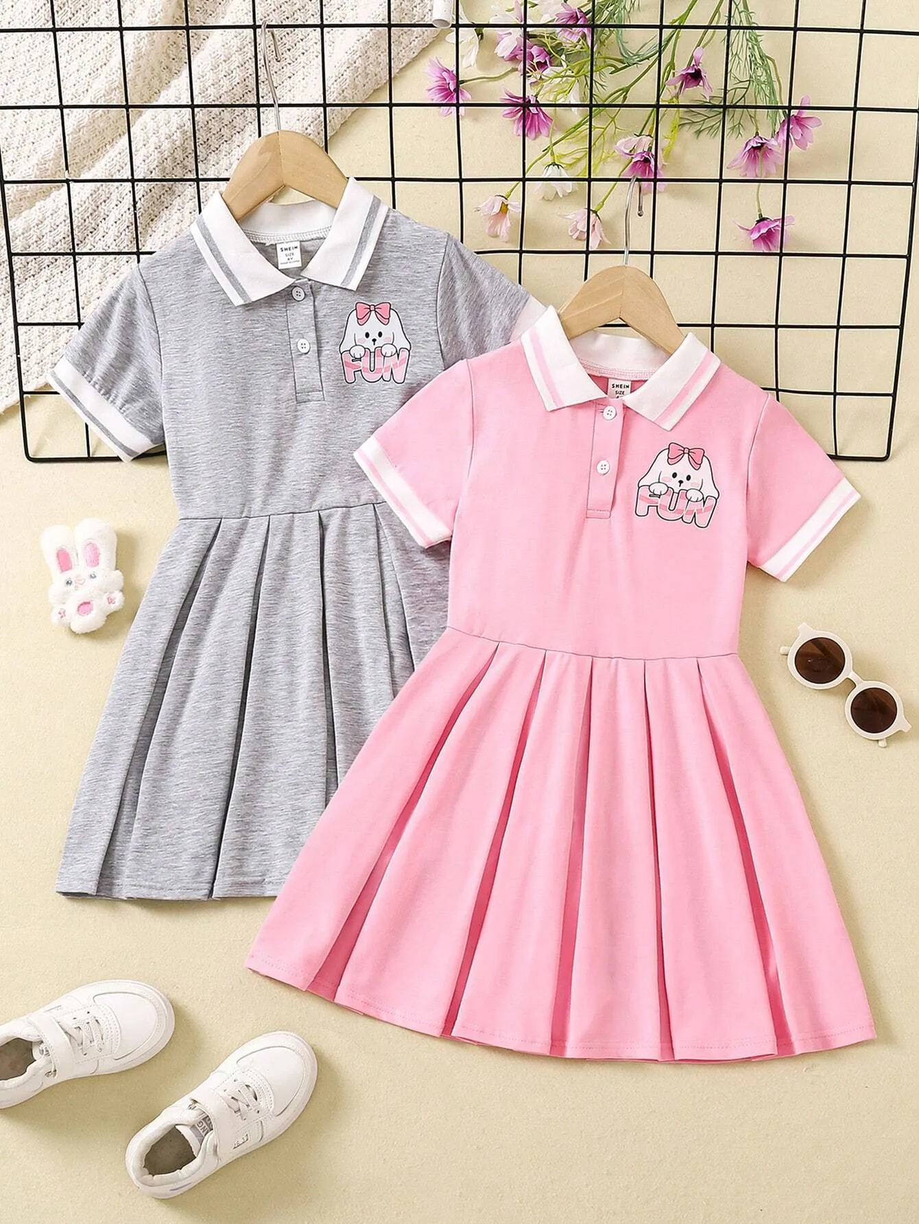 2pcs Toddler Girls' Casual Cute Puppy Lapel Short Sleeve Dress Set, Back-To-School Season