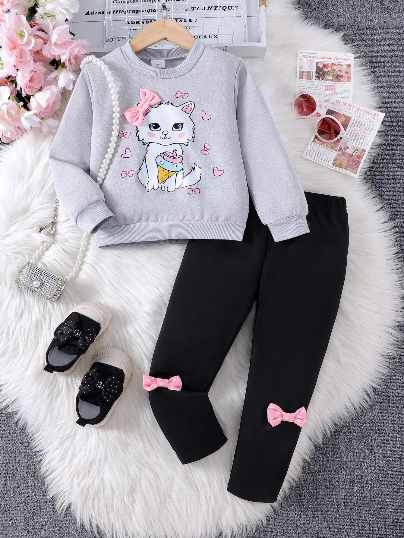 2pcs Young Girl' Adorable Cat Print Sweatshirt And Bow Decorated Pants Set, Spring And Autumn