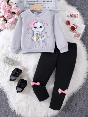 2pcs Young Girl' Adorable Cat Print Sweatshirt And Bow Decorated Pants Set, Spring And Autumn