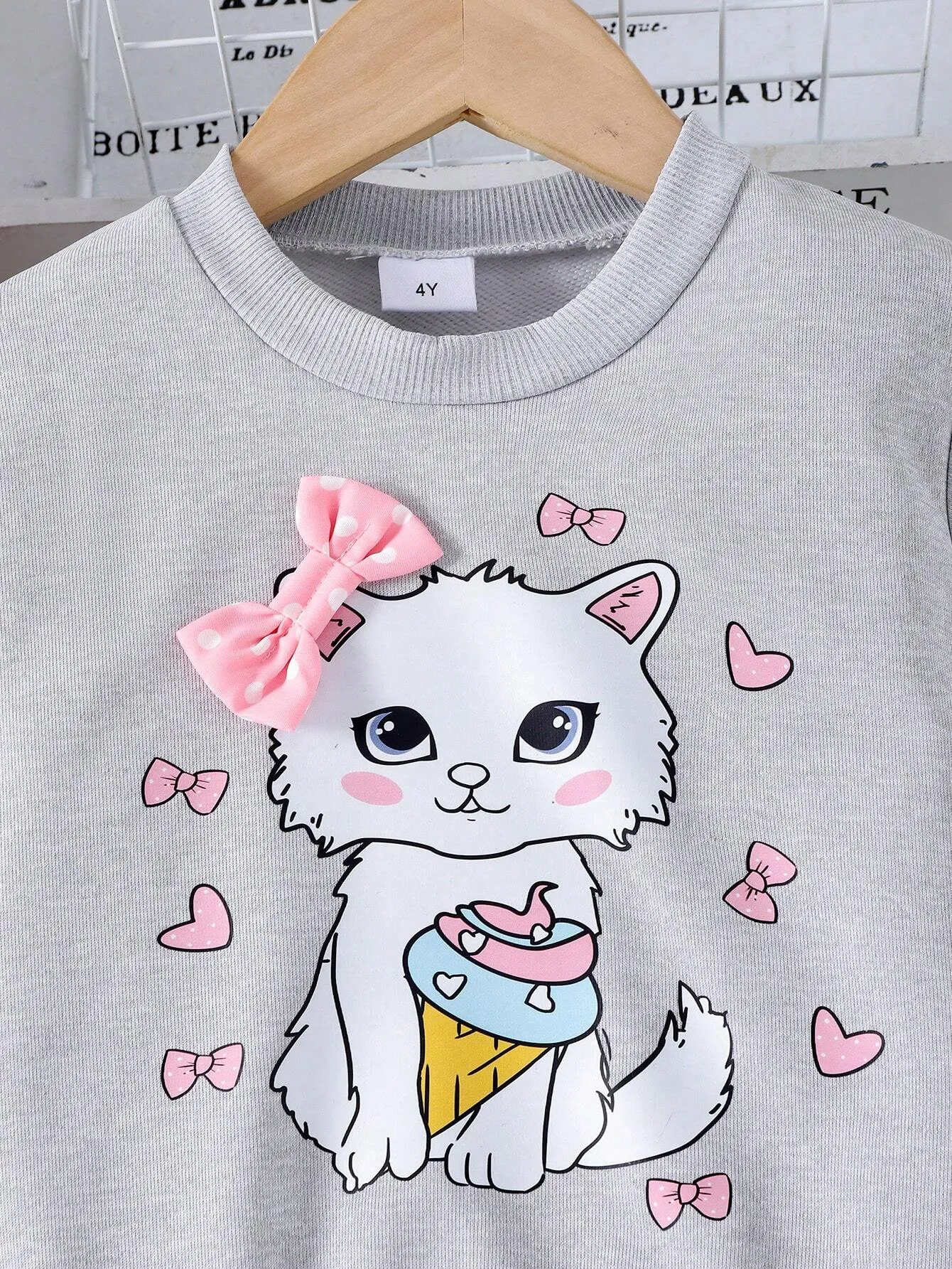2pcs Young Girl' Adorable Cat Print Sweatshirt And Bow Decorated Pants Set, Spring And Autumn