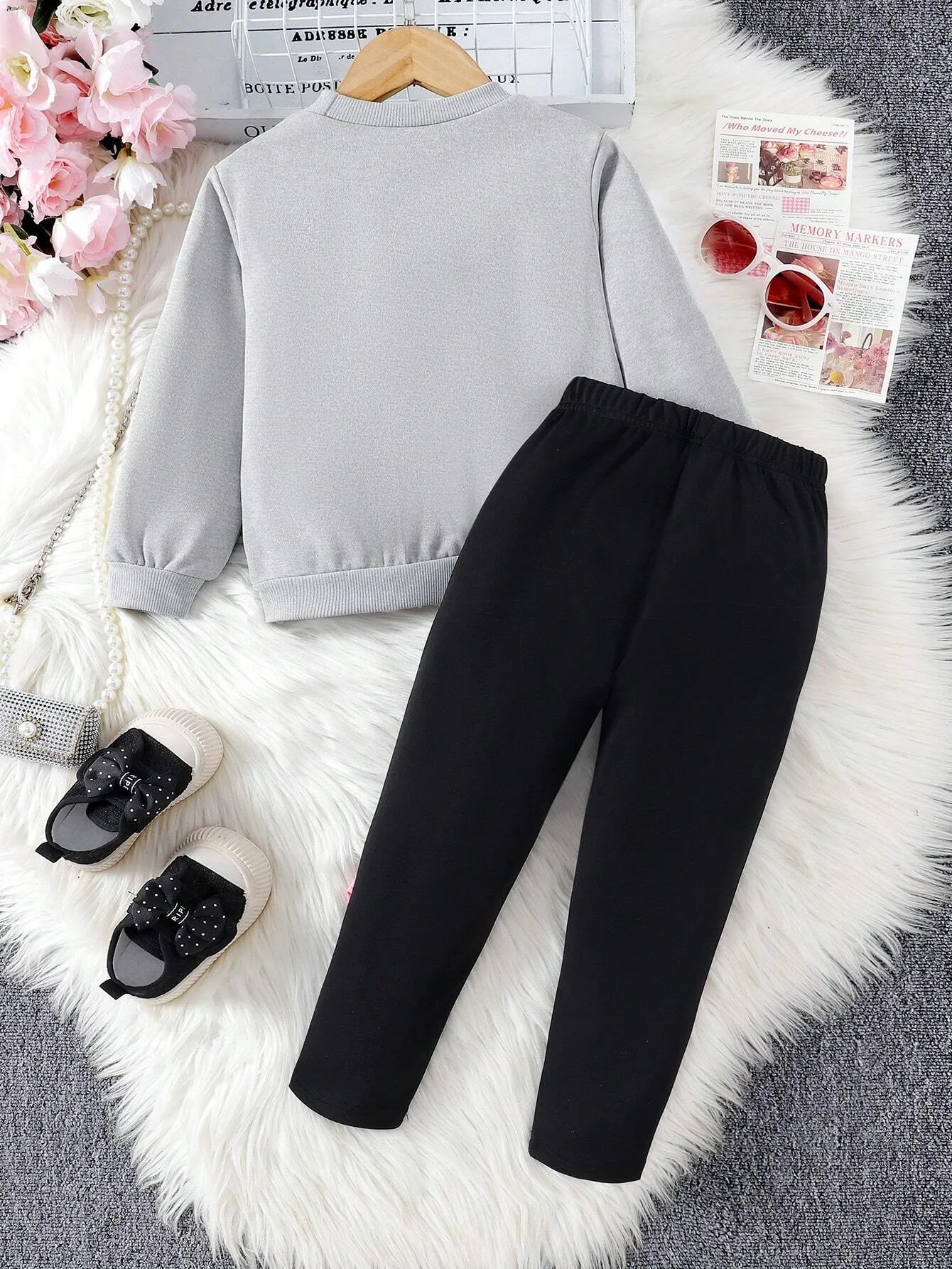 2pcs Young Girl' Adorable Cat Print Sweatshirt And Bow Decorated Pants Set, Spring And Autumn