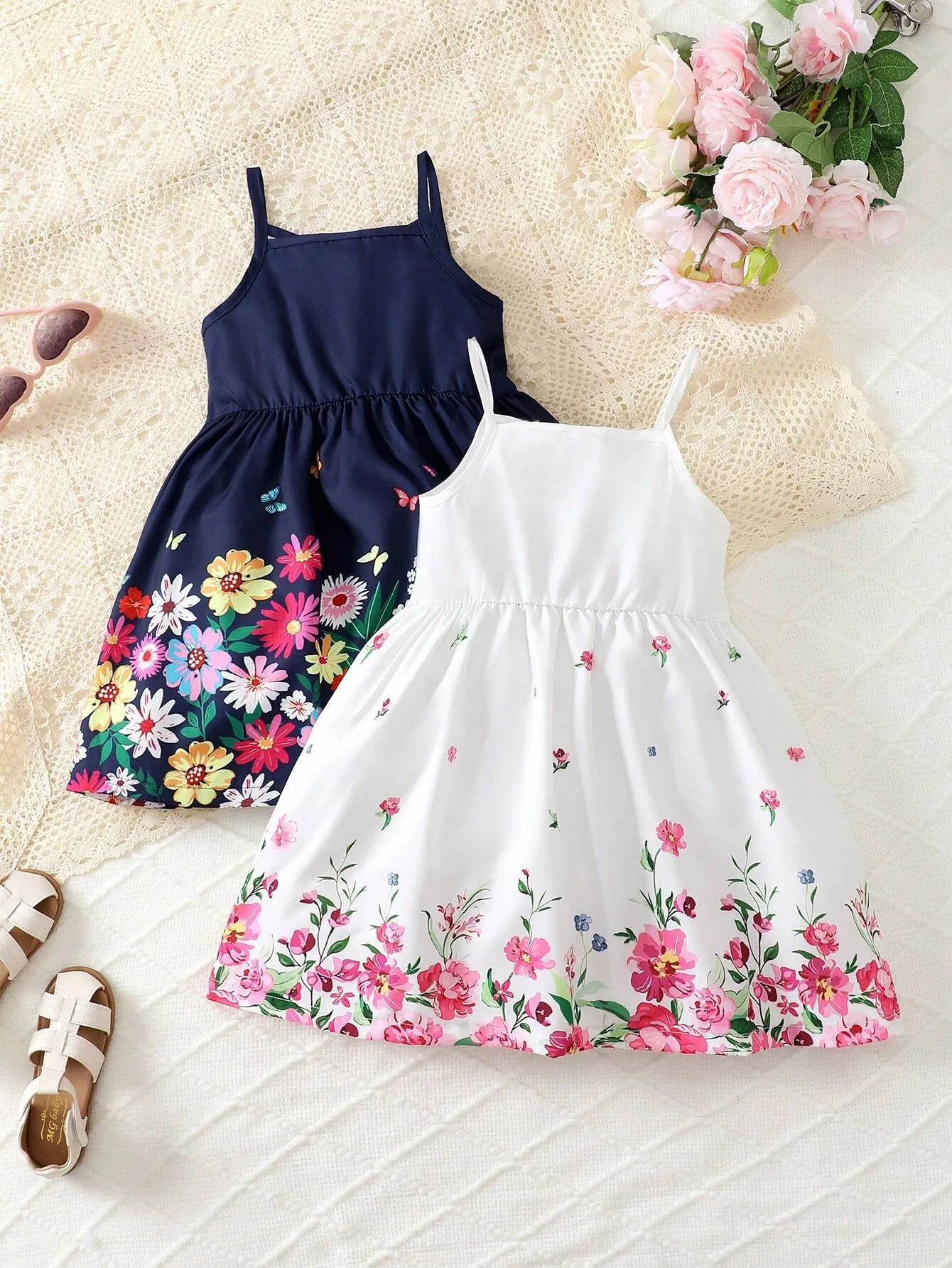 2pcs/Set Girls' Floral Print Suspender Dress   Spring/Summer Top