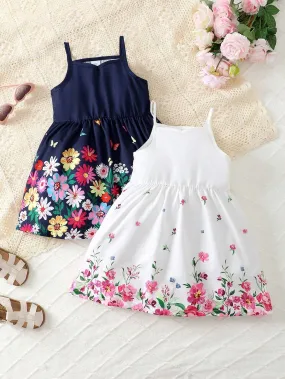 2pcs/Set Girls' Floral Print Suspender Dress   Spring/Summer Top