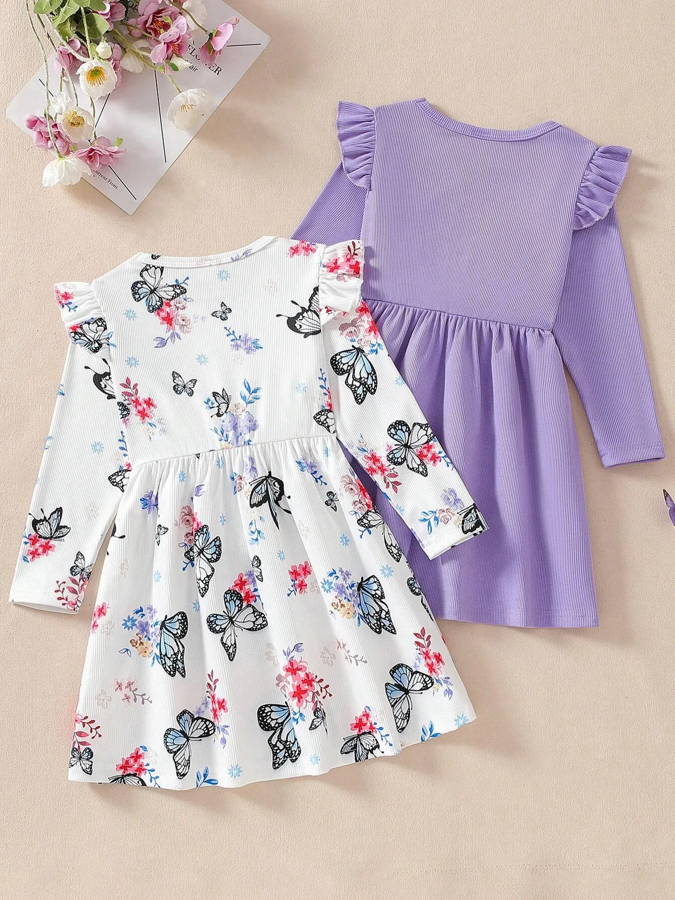 2pcs/Set Girl's Purple Ribbed Dress With Bow Decor & White Ribbed Dress With Butterfly Print, Girl's Outfit