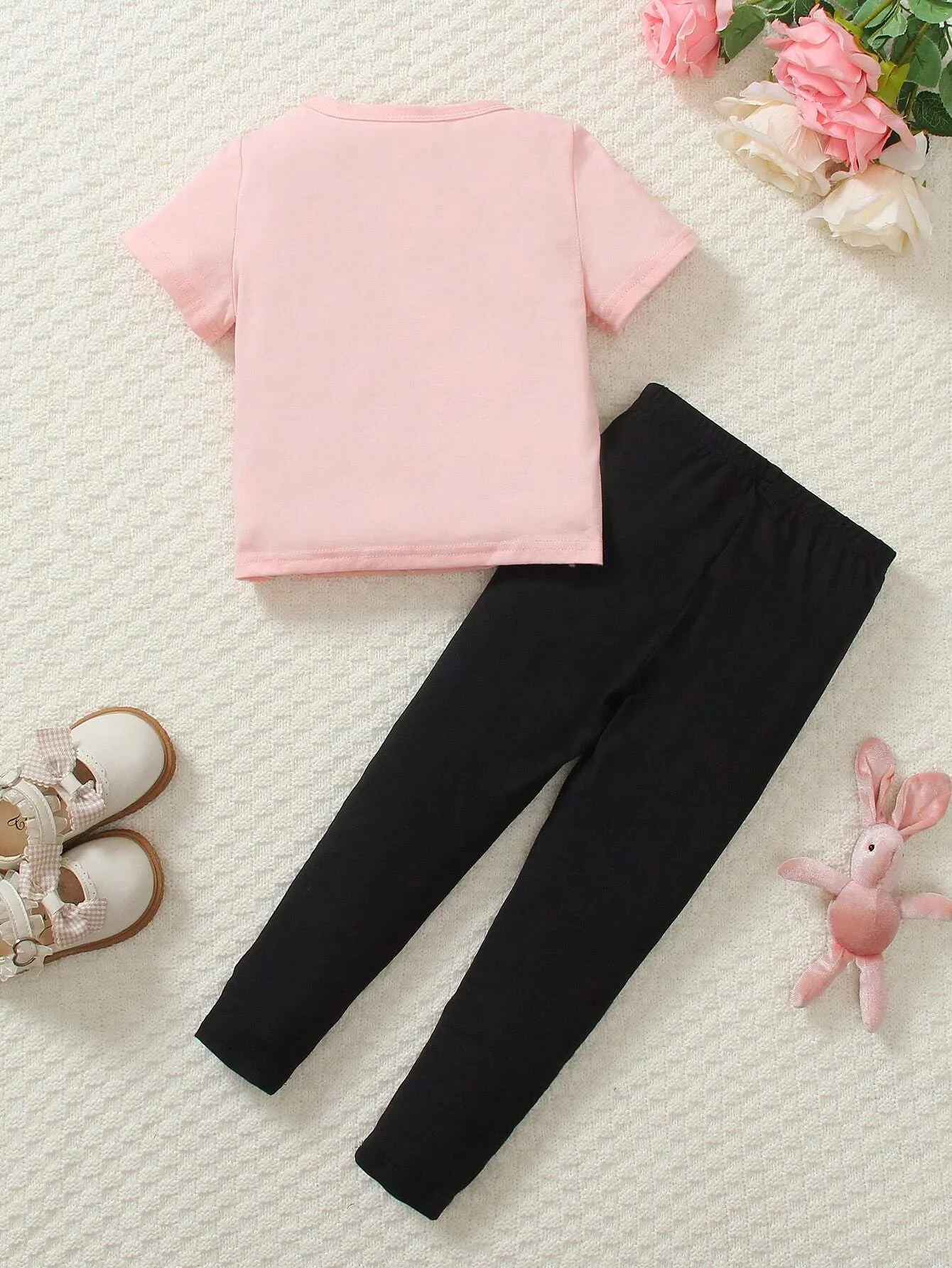 2pcs/Set Little Girls Spring Summer Cat Pattern Round Neck Short Sleeve 100% Cotton T-Shirt   Black Cat Print Casual Long Pants, Comfortable & Fashionable Street Style