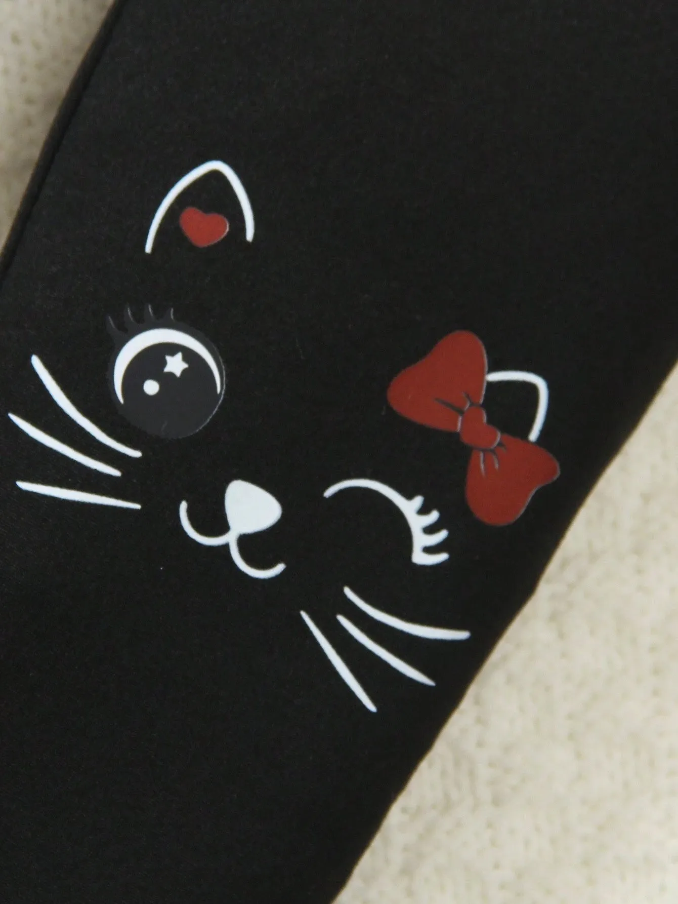 2pcs/Set Little Girls Spring Summer Cat Pattern Round Neck Short Sleeve 100% Cotton T-Shirt   Black Cat Print Casual Long Pants, Comfortable & Fashionable Street Style