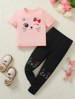 2pcs/Set Little Girls Spring Summer Cat Pattern Round Neck Short Sleeve 100% Cotton T-Shirt   Black Cat Print Casual Long Pants, Comfortable & Fashionable Street Style