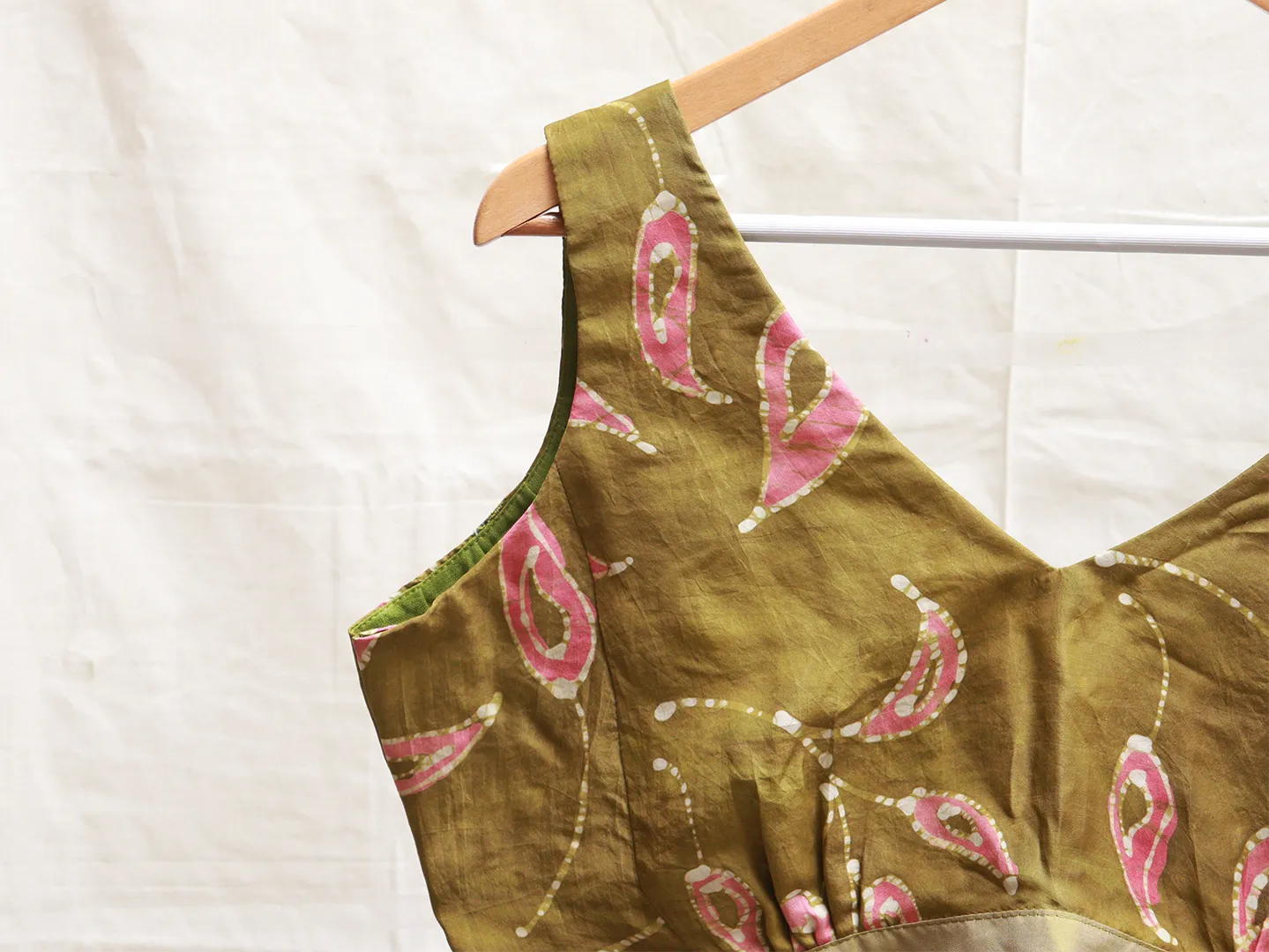 Army green Kalamkari, Batik, Hand embroidery blouse