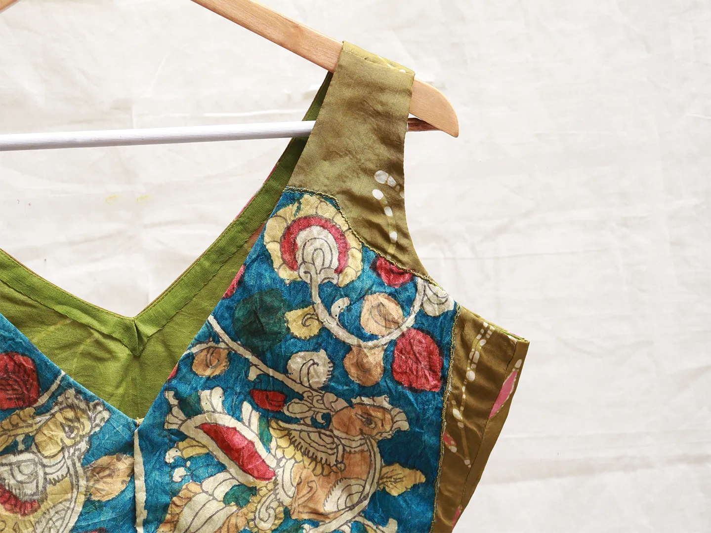 Army green Kalamkari, Batik, Hand embroidery blouse