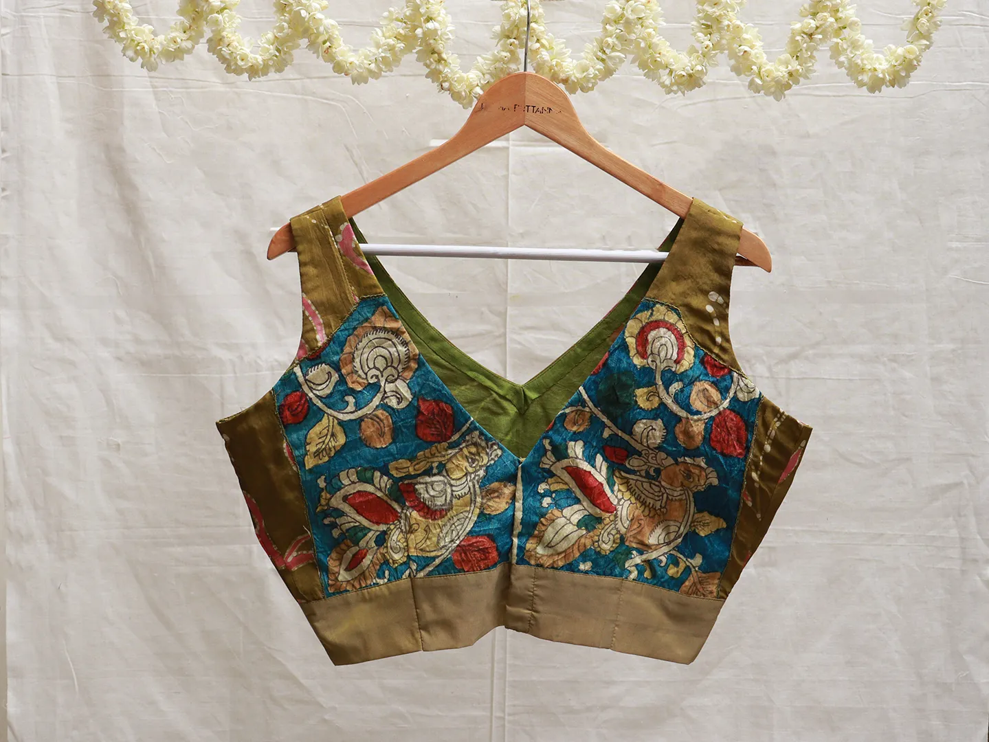 Army green Kalamkari, Batik, Hand embroidery blouse
