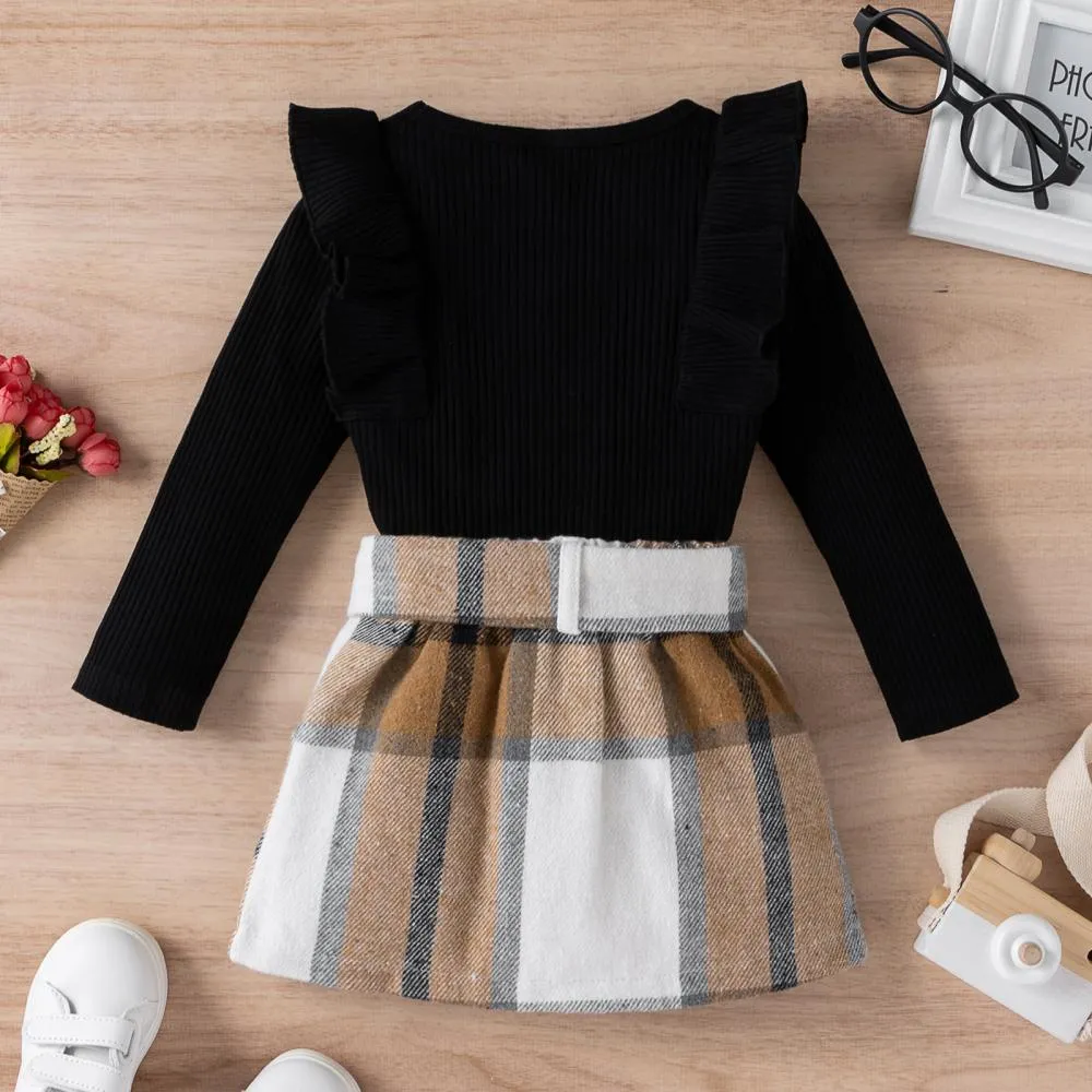 Autumn Pit Strip Ruffled Long-sleeved Plaid Skirt Girls Suit Wholesale