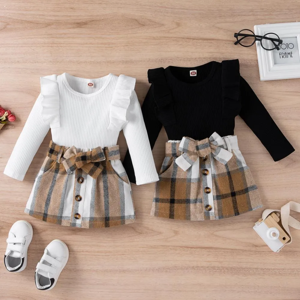 Autumn Pit Strip Ruffled Long-sleeved Plaid Skirt Girls Suit Wholesale